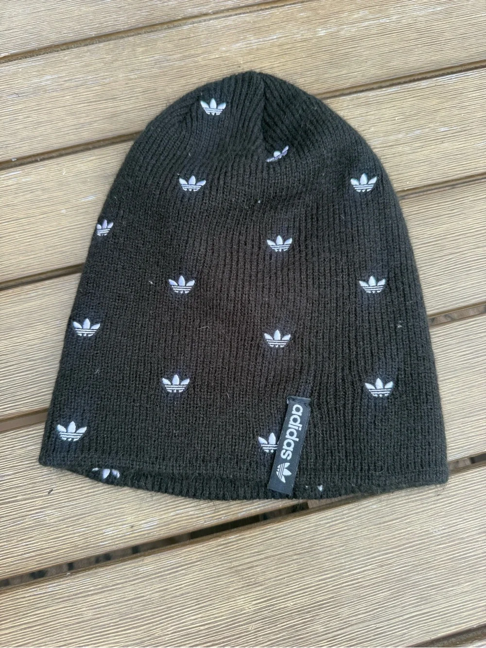 Adidas Originals Black Allover Trefoil Logo Slouch Beanie One Size